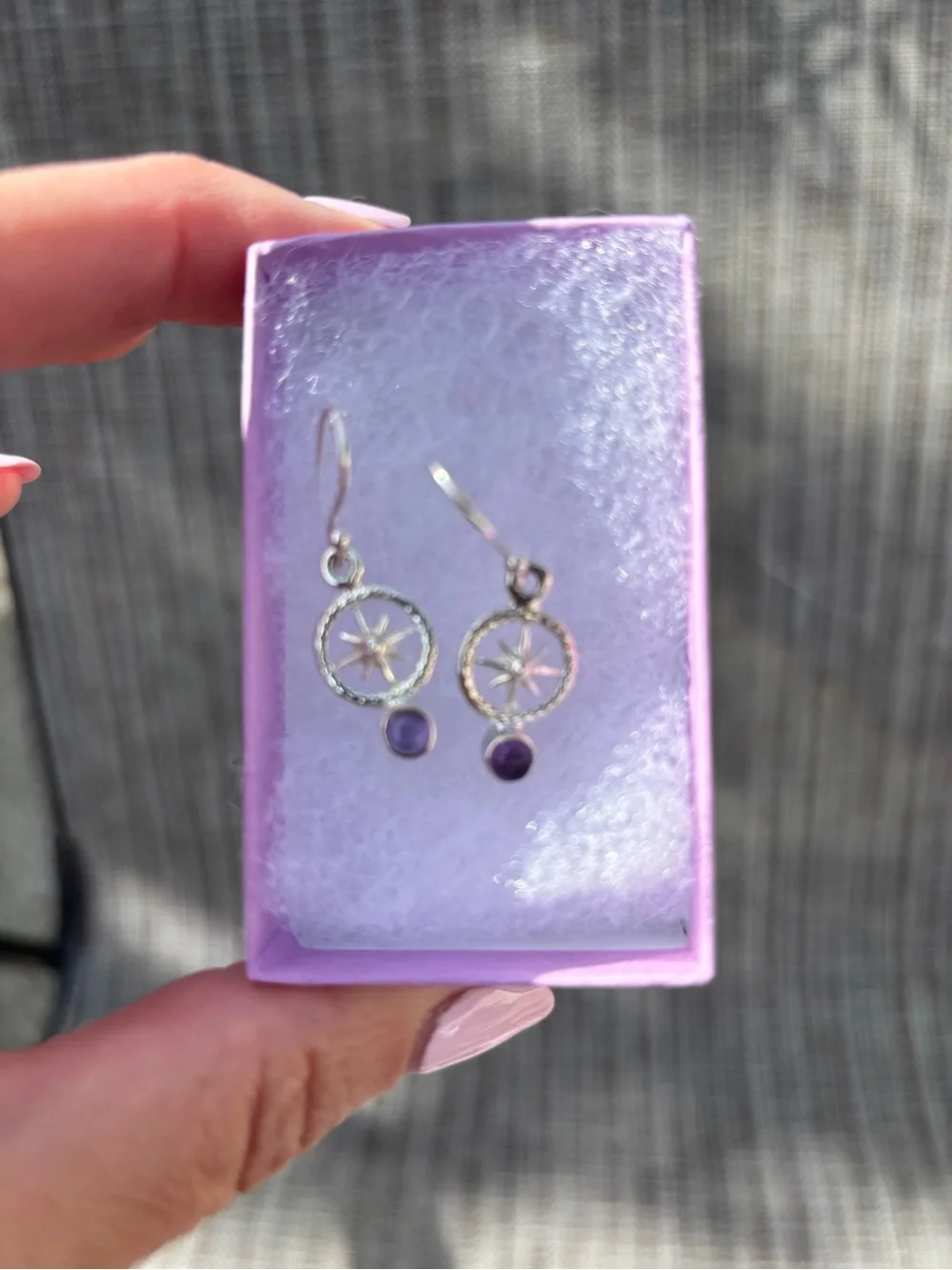 Sterling Silver Starburst Drop Earrings with Amethyst Accent - Purple